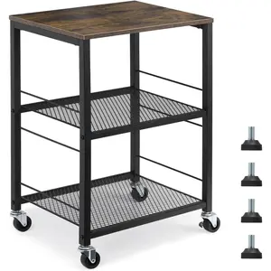 Rustic 3 Tier End Table with Wheel, Side Table Nightstand Storage Shelf for Bedroom Kitchen Living Room and Office, Stable Metal Frame, Wood Top, Easy Assembly - Brown&Black