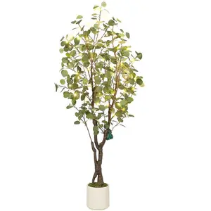 Realistic Artificial Eucalyptus Tree with White Planter Large Faux Floor Plant with Lights 5FT Fairy Ornaments for Home Office & Living Room Decor