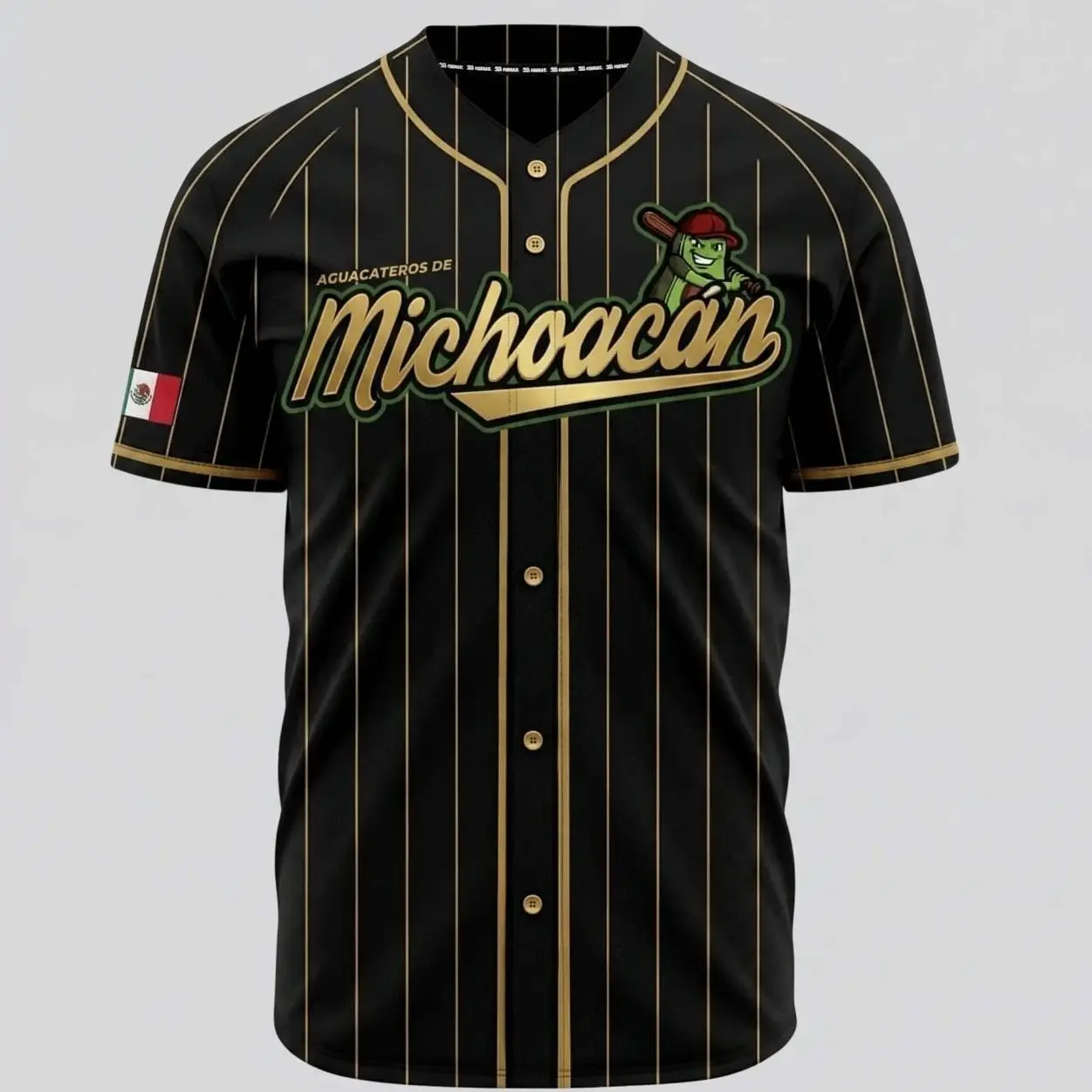 Aguacateros de Michoacan Black Baseball Jersey – Mexico Heritage Pinstripe Button-Up Sports Shirt, Avocado Mascot Graphic, Unisex Fan Apparel sohochic