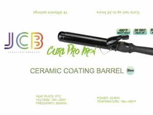JCB Curl Pro Iron Ceramic Coating Barrel 38mm Easy-to-Use Curling Iron for Long-Lasting Volume & Body Heat Plate PTC 45-65W