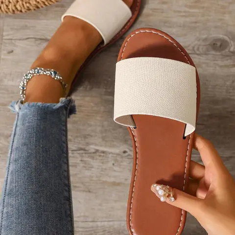 Women's Fashionable Plain Color Slides, Casual Comfortable Flat Slippers for Beach, Outdoor, Daily Wear, Female All-match Slide Shoes for Daily Wear, Girl, Pu Leather Slides, Fashionable Comfy Sandals, Slide Sandal, All Match Sandals, Beach Footwear