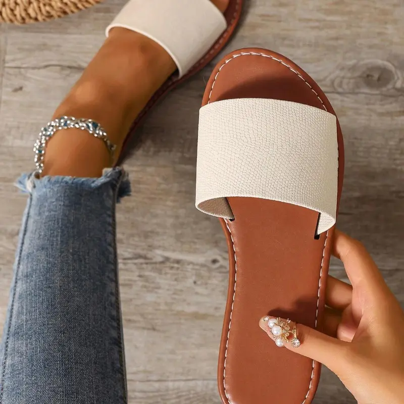 Women's Fashionable Plain Color Slides, Casual Comfortable Flat Slippers for Beach, Outdoor, Daily Wear, Female All-match Slide Shoes for Daily Wear, Girl, Pu Leather Slides, Fashionable Comfy Sandals, Slide Sandal, All Match Sandals, Beach Footwear