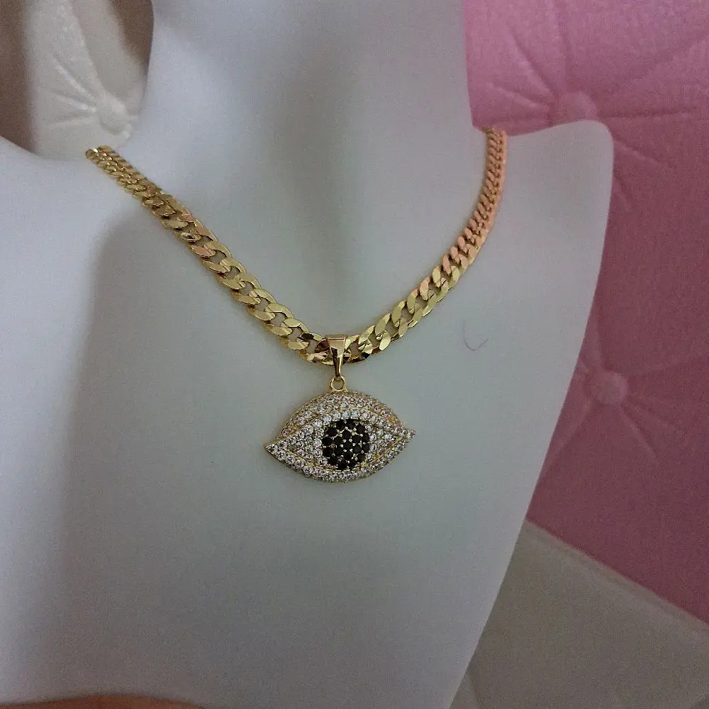 6  mm cuban link chain 18 with Turkish Evil Eye   pendant -14 k gold laminated