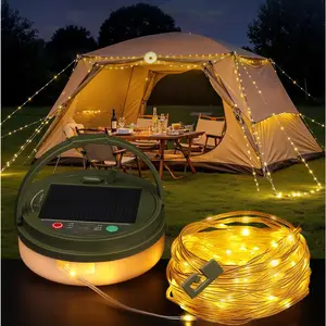 Solar Camping String Lights, 33FT 100LED Quick Storage Rechargeable Tent Lights with 9 Lighting Modes, Portable Camping Fairy Lights Waterproof for Outdoor Patio Garden Party Decorations