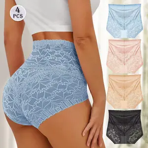 4Pcs Women's High Waist Lace Underwear, Soft Breathable Light Compression Briefs, Comfort High Waist Panties with Gentle Tummy Support Womenswear