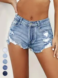 Women's Ripped Slash Pockets Denim Shorts, Casual Trendy Raw Hem Jean Shorts for Daily Wear, Ladies Summer Bottoms