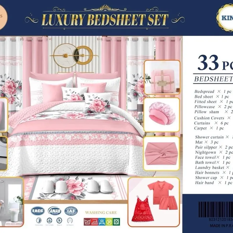 Luxury 33 Pieces Bedsheets Sets with Pillowcases, Bath Towels, and Shower Caps