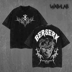 Retro Berserk Skull Graphic Tee Washed – Double Sided Print Oversized Acid-Washed Heavyweight Cotton T-Shirt – Unisex Anime Tee, Perfect Gift for Anime Fans and Lovers Menswear Tops