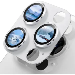 Alloy Metal Camera Lens Protector for iPhone 16 Pro / 16 Pro Max / 14 Pro / 14 Pro Max, 9H Tempered Glass, Ultra HD, Anti-Scratch, Strong Adhesion, Case Friendly, White Titanium