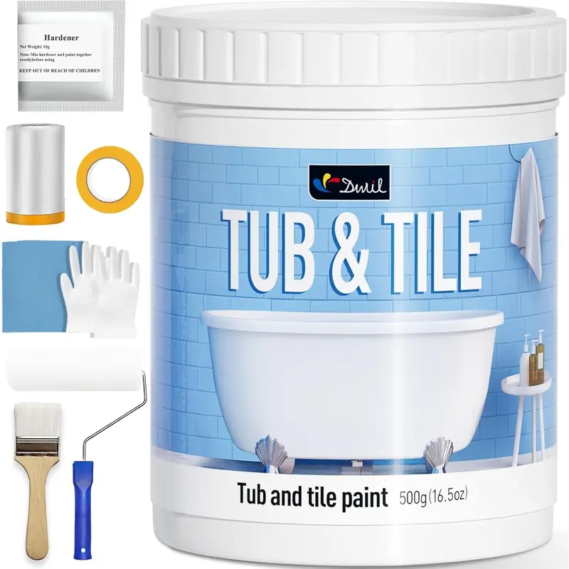 Tile Paint, Tub and Tile Refinishing Kit with Tools, Water-based Bathtub Paint - Low Odor, Easy to Use, 25-30sq.ft, 16.5oz, Semi-Gloss White