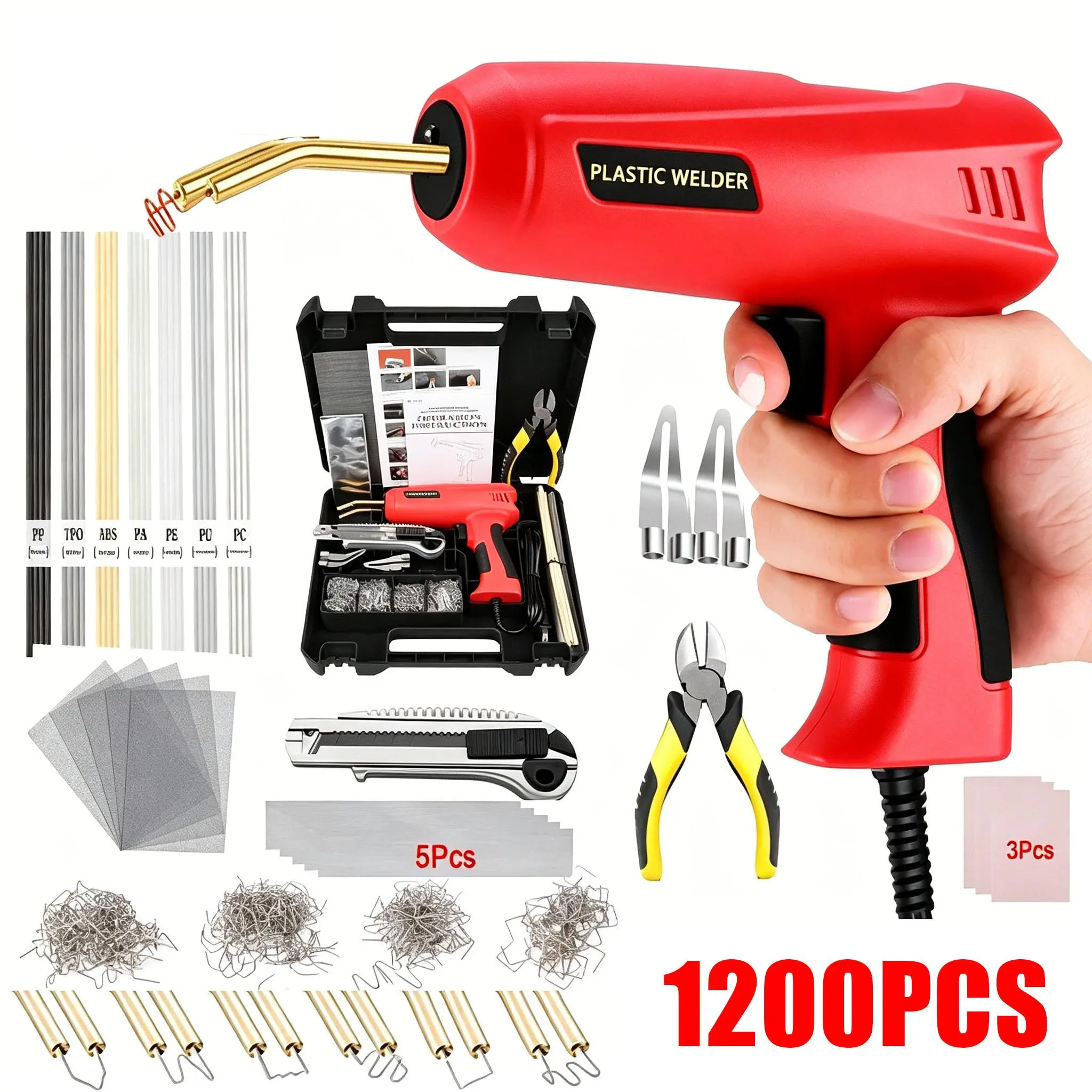 200W Hot Stapler Plastic Welder Repair Kit, Handheld Hot Staple Gun with 1200 Stainless‑Steel Staples, LED Light & Non‑Slip Grip for Car Bumper, Fender and Household Plastic Crack Restoration