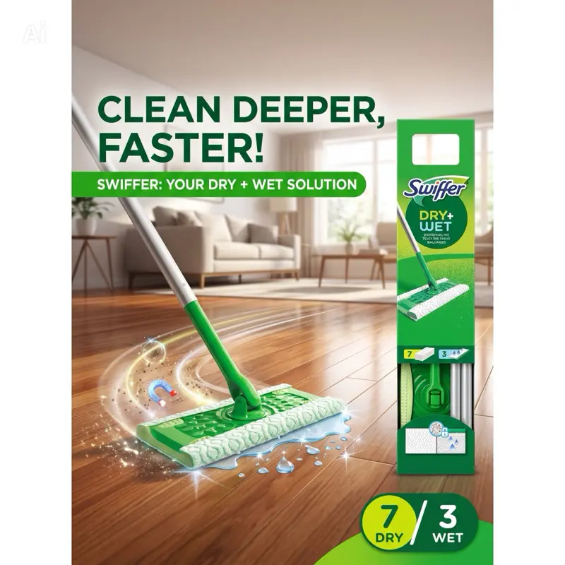 Swiffer Dry+ Wet Mop System - Green Color - 7 Dry Sheets & 3 Wet Pads - Ideal for Floors & Carpets - Easy to Use
