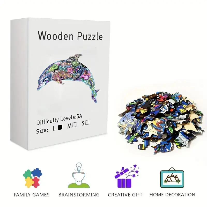 Colorful Mandala Dolphin Wooden Jigsaw Puzzle for Adults & Kids - Challenging Irregular Pieces, Intricate Underwater Art, Observation-Focused Stress Relief Brain Teaser, Framable Wall Decor Home Gift