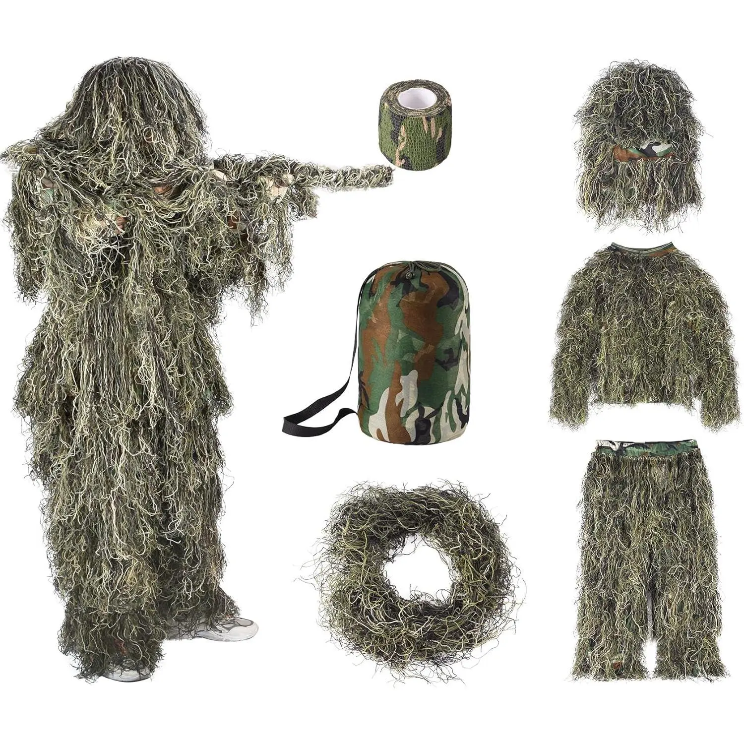 Ghillie Suit, 5 in 1 Ghillie Suit for Men Including Jacket, Pants, Hood, Carry Bag and Camo Tapes, Helloween Costumes