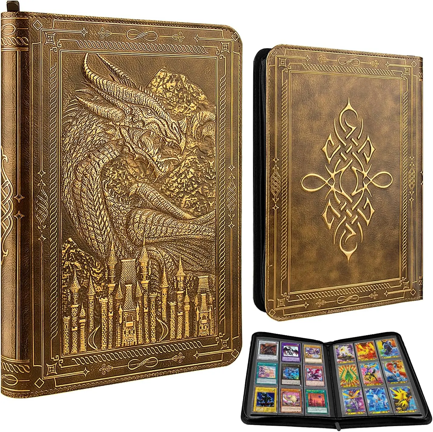 360 Pockets 9-Pocket Card Binder, 3D Embossed PU Leather Album with Zipper, Side Loading Trading Card Holder for TCG, MTG, Lorcana, Collectible Cards (Dragon Castle Design, Golden Brown)