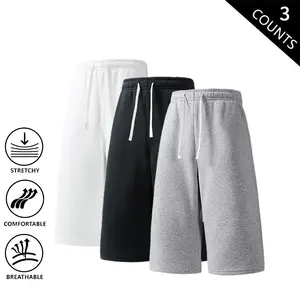 Men’s Solid Color Loose Straight-Leg Jogger Sweatpants/Pants with Drawstring, Knee-Length, Summer Sports Versatile Casual Pants (Pack of 3)