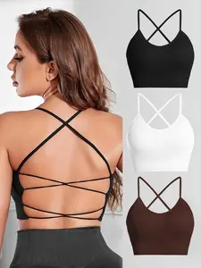 Women's Solid Color Criss Cross Knit Crop Cami Top, Casual Sleeveless Cropped Top Fit for Summer, Ladies Clothes for Daily Wear