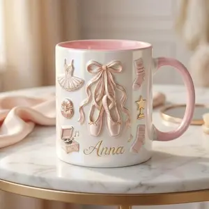 Personalized Ballet Ceramic Mug, 2D Printed 3D Effect Custom Name Coffee Cup with Elegant Ballerina Dance Icons Design for Ballet Dancers and Ballet Lovers, Perfect for Dance Recital, Birthday, Christmas and Gift for Ballet Enthusiasts Keepsake