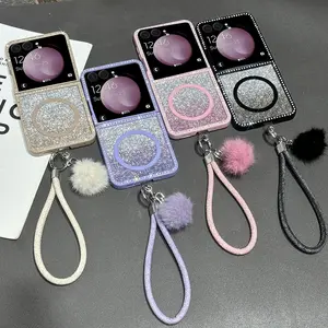 Double-sided frame drilled magnetic adhesive phone case, glitter stickers, supports wireless charging, comes with a bracelet, hard PC back panel protects the phone case, suitable for Samsung Galaxy Z Flip7, Z Flip7 FE, Z Flip6, Z Flip5