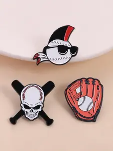 3-Piece Baseball Theme Enamel Badges Set, Skull Sunglasses & Realistic Glove Design, Sports Elements Pin, Durable Metal Pins, Perfect for Baseball Lovers