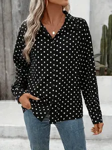 One women's black polka dot woven button-down long-sleeved loose blouse shirt, with a retro French style, featuring a sweet look, suitable for spring, casual and formal wear, Top