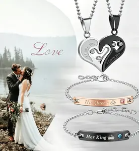 Couples' Heart Themed 4-Piece Jewelry Set Engraved Bracelets "His Queen, Her King" and Heart Pendant Necklaces  perfect accessory choice for anniversaries and Valentine's Day