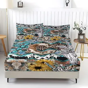 Western Retro Style Patchwork Letter C 3pcs Fitted Sheet Set,Featuring Bull Head, Sunflower,Leopard Print, Cow Print,Abstract Floral Elements Bedding Set,Comfortable Fiber Bed Cover,Perfect  Forclassic Retro  Decor!Includes 2 Pillowcases,No Pillow Core.