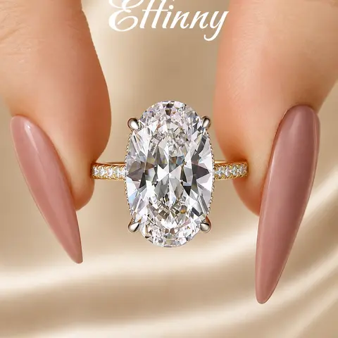 Effinny Non-tarnish 925 Sterling Silver 8.0ct Elongated 14K Gold Plated Oval Cut Engagement Ring For Women,  Elegant 5A CZ Promise Fashion Design Jewelry, Bridal Travel-friendly for Her, Wedding Promise Rings