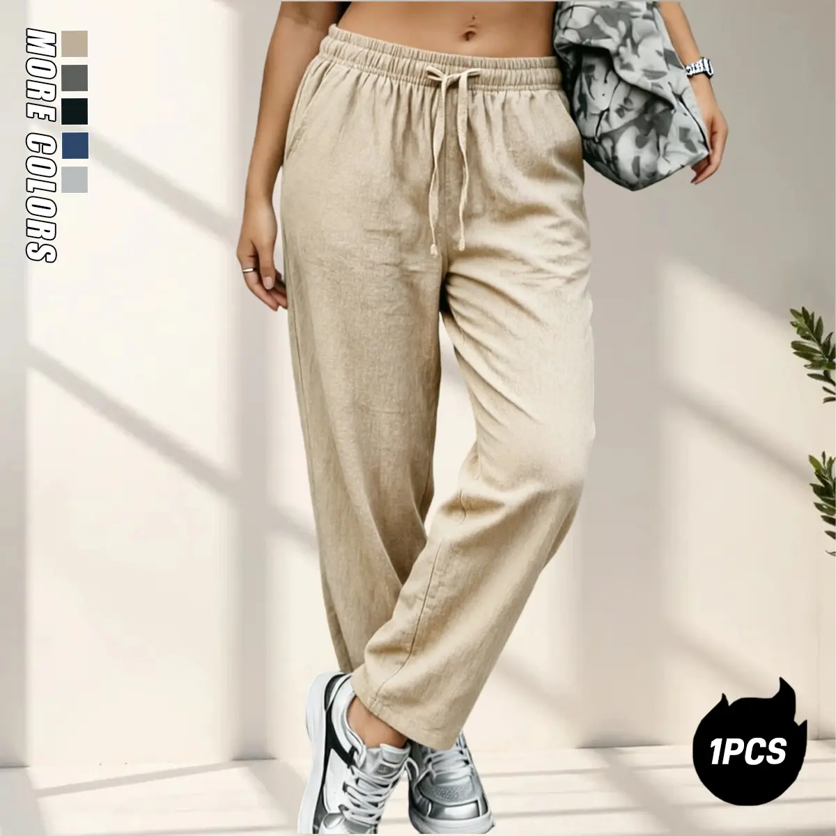 Women’s straight-leg pants made from microfiber with a high-stretch, elastic drawstring waist—casual long pants suitable for home wear and outdoor daily walks; multifunctional trousers.