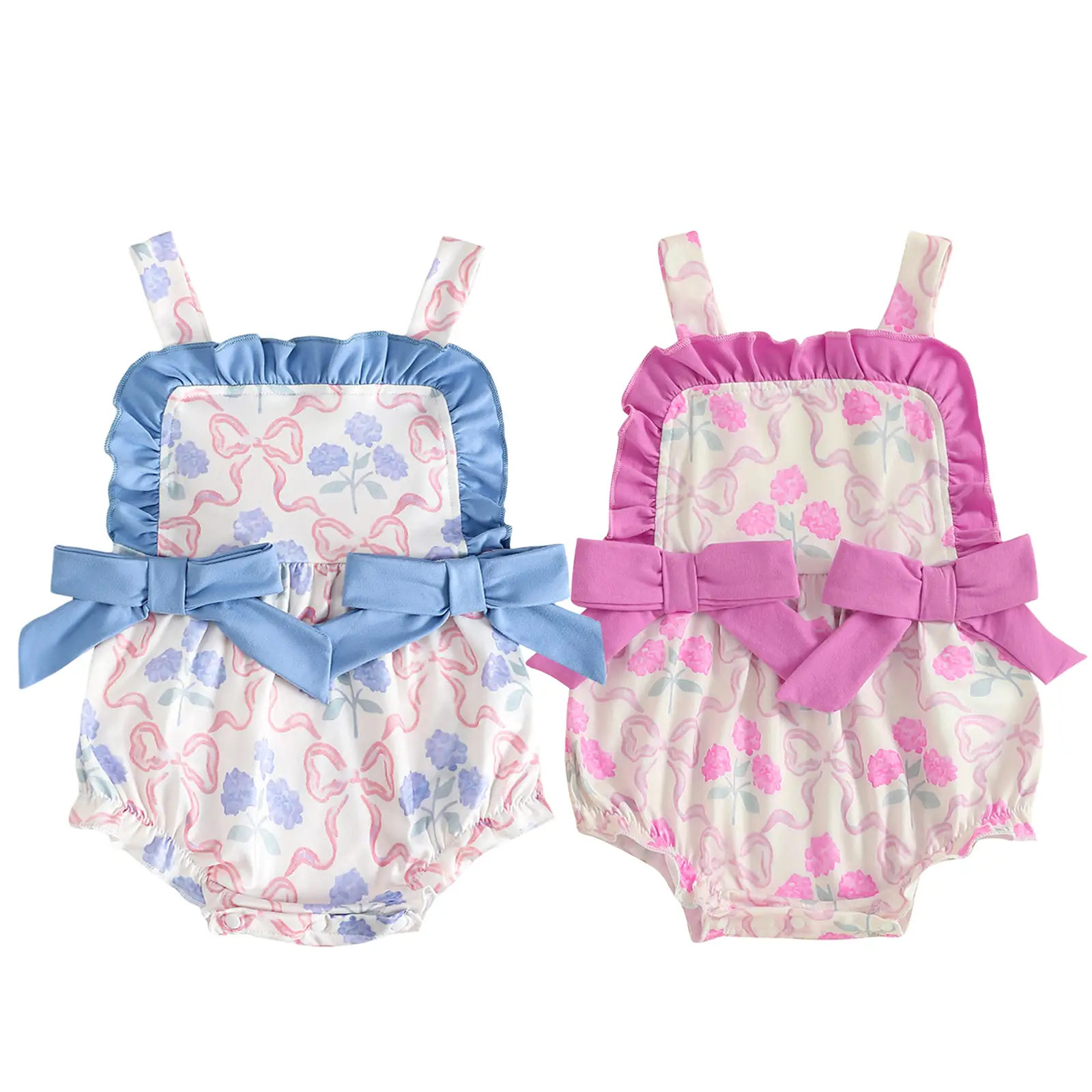 Baby Girls Bows Bubble Romper Sleeveless Frill Neck Floral Bow Print Onesies Bodysuit Jumpsuit Infant Newborn Coming Home Outfit