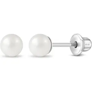 925 Sterling Silver Simulated Pearl Baby Earrings in 3mm-5mm for Toddlers & Young Girls - Hypoallergenic Safety Screw Back Earrings with White Simulated Pearls for Kids
