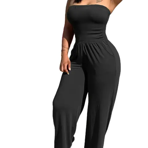 AUXDIO Women's Cute Strapless Halter Neck Loose Soft Solid Fabric Jumpsuit - Casual Summer Party Outfit, Travel Overalls for Women