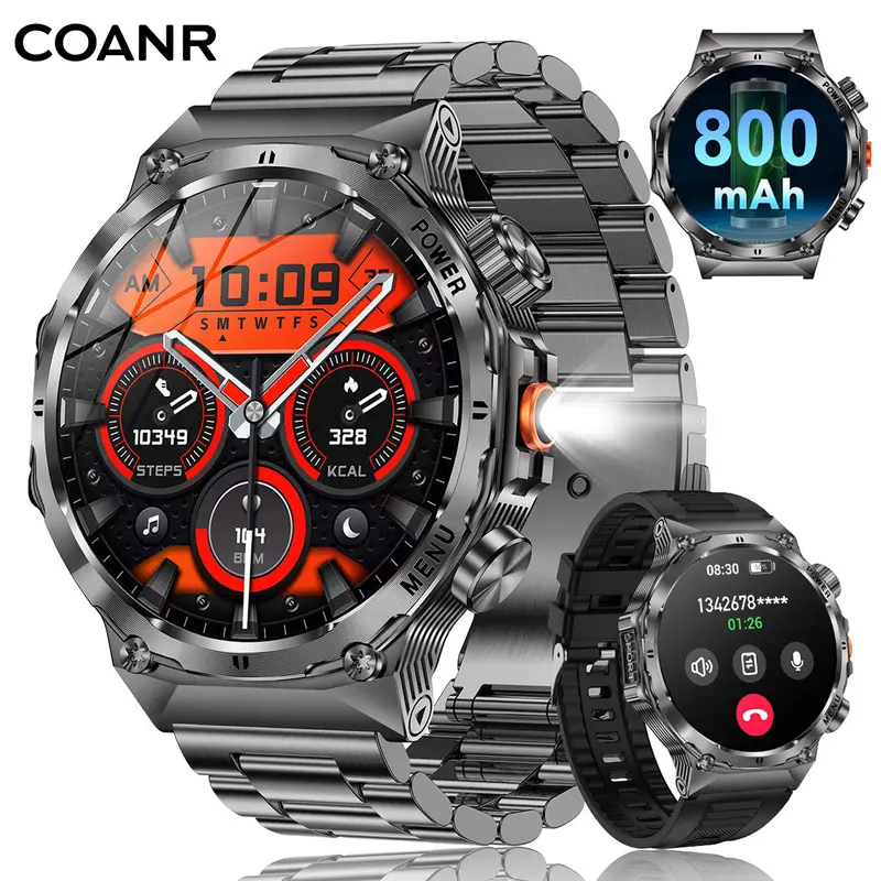 COANR Men's Formal Military Smart Watch - Wearable Bluetooth Watch with 800mAh Battery, 1.7in AMOLED HD Screen, Phone Sync, Wireless Call, Flashlight, Multiple Exercise Modes, Fitness Tracker, Steel Charging, Silicone Band for Android & iPhone (Black), Wa