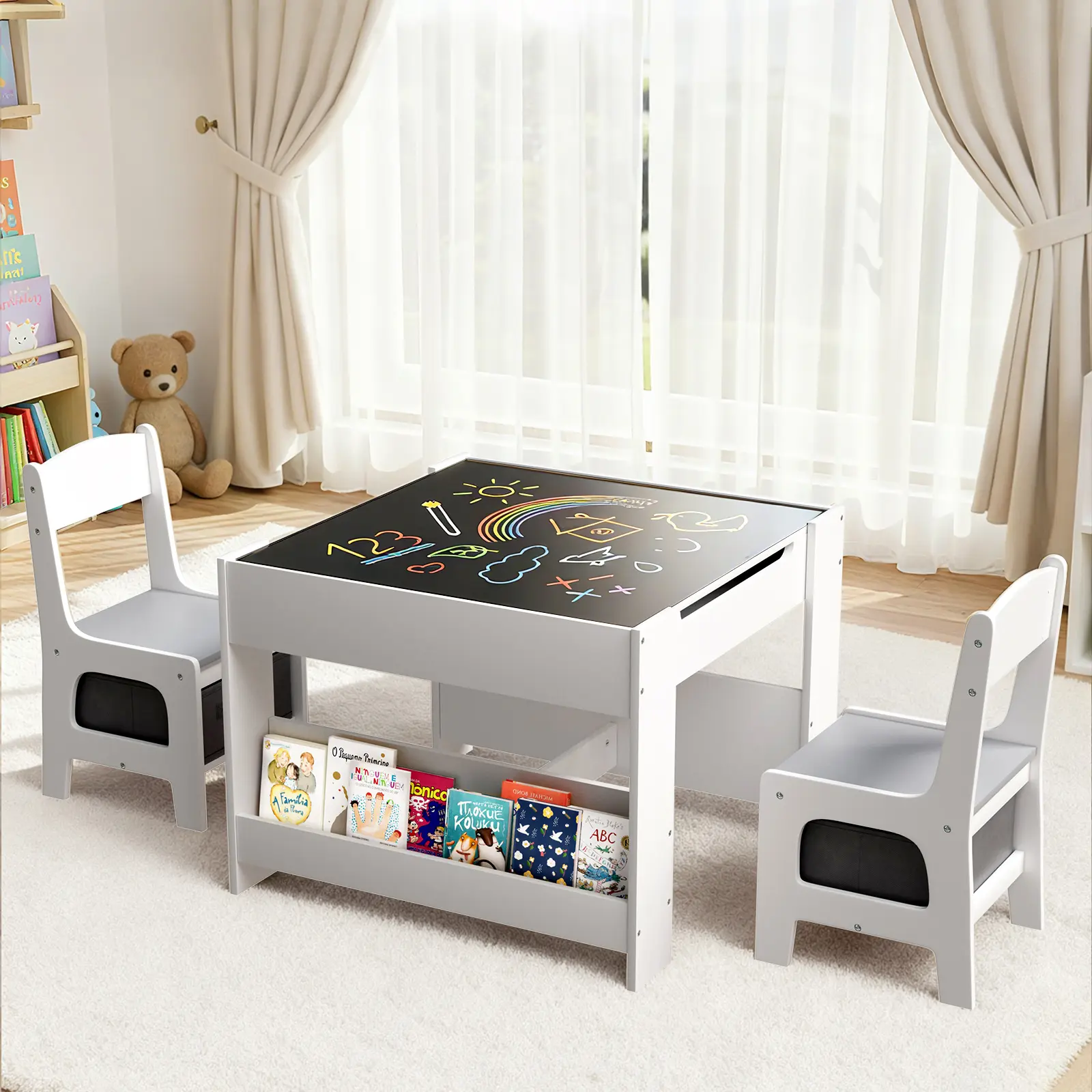 Arlopu Kids Art Table & 2 Chairs Set, 4 in 1 Wooden Activity Table w/ Bookshelf | Crafts Desk with Storage, Chalkboard, Reversible Detachable Tabletop for Toddlers Playroom, Bedroom, Classroom Study Use Reading Learning