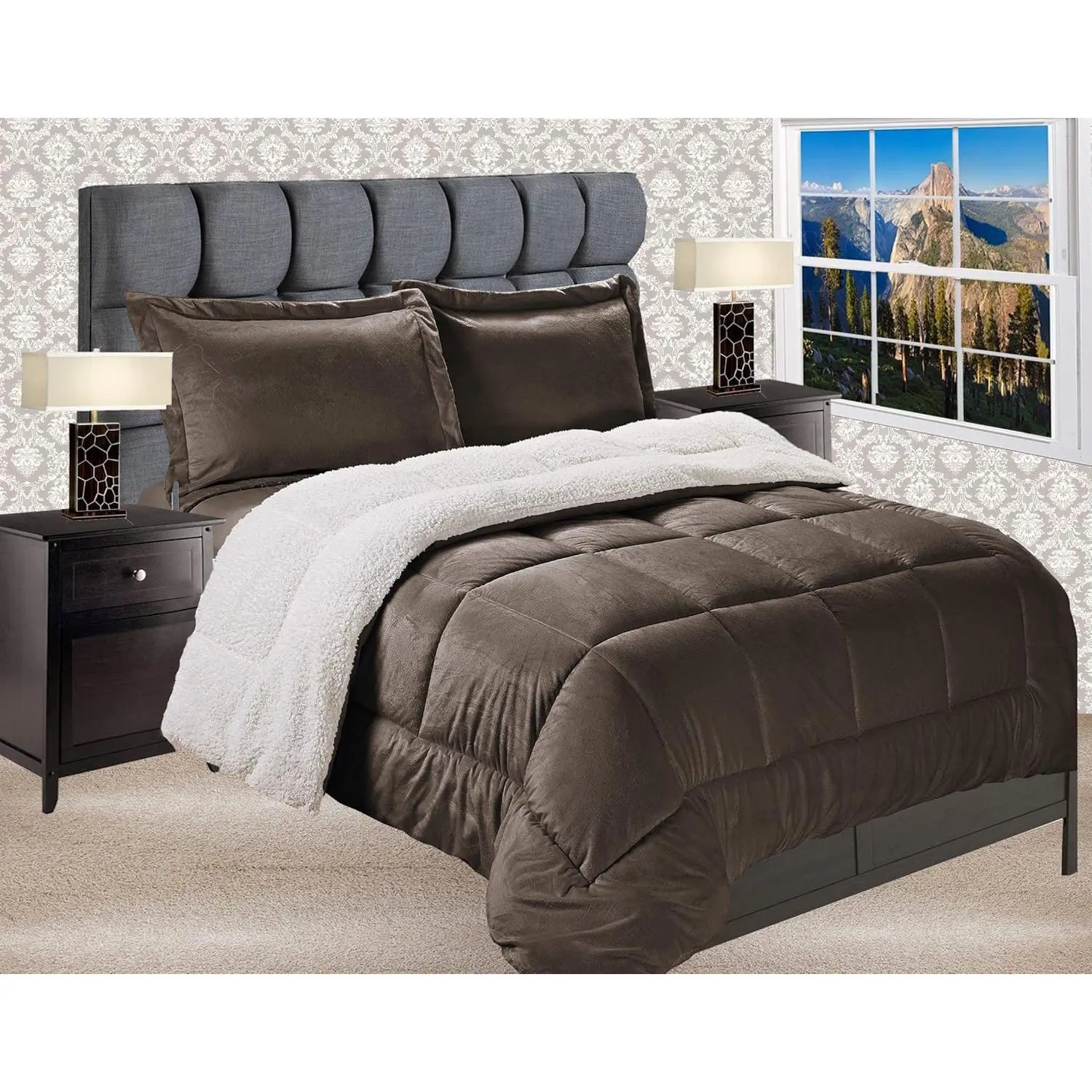 Chocolate Brown Queen Double 3-Piece Duvet Insert Set - Premium Heavy-Weight Plush Micromink, Sherpa-Backed, Down-Alternative Microfibre Micro-Suede, Wrinkle Resistant, Box Stitching Bedding