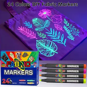 24-Color Permanent Fabric & Acrylic Paint Markers, Waterproof Pens for Clothes, Canvas, Wood, Rock & Glass, Quick-Dry, 4 Fluorescent Neon Colors with UV Reactive Glow Effect