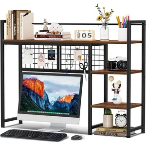 Snughome Desk Shelf, 38.6" Desktop Organizer Shelf, Desk Hutch for Computer Monitor, 4 Tier Desk Display Rack with Pegboard Hooks Set, Wood Desktop Bookshelf for Home Office Dorm
