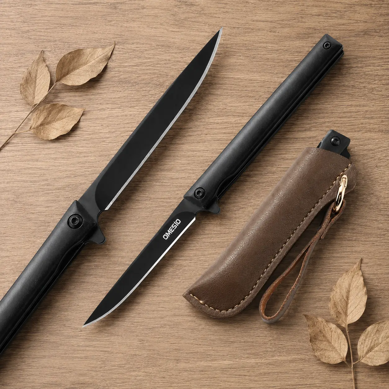 Omesio Premium Outdoor Durable EDC Portable Utility Tool, Slim Stainless Steel Slicer with Leather Sleeve for Camping, Prep & Gifting Gear