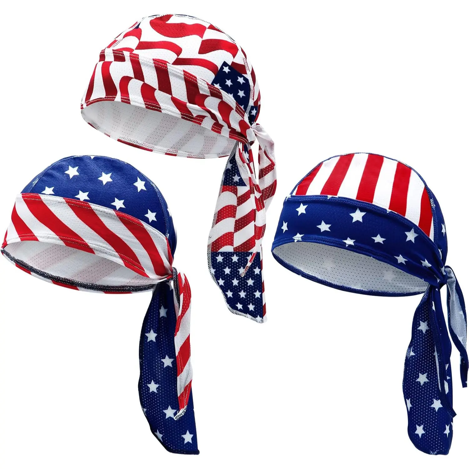 3-Pack US Flag Tie Do-Rags - Universal Moisture Wicking Headwear, Skull Caps for Men, Helmet Inner Cap for Biking & Outdoor Sports, All Seasons, Stars, Biker Sports & Outdoor Hats, Elastic Skullcap Sports & Outdoor Hats