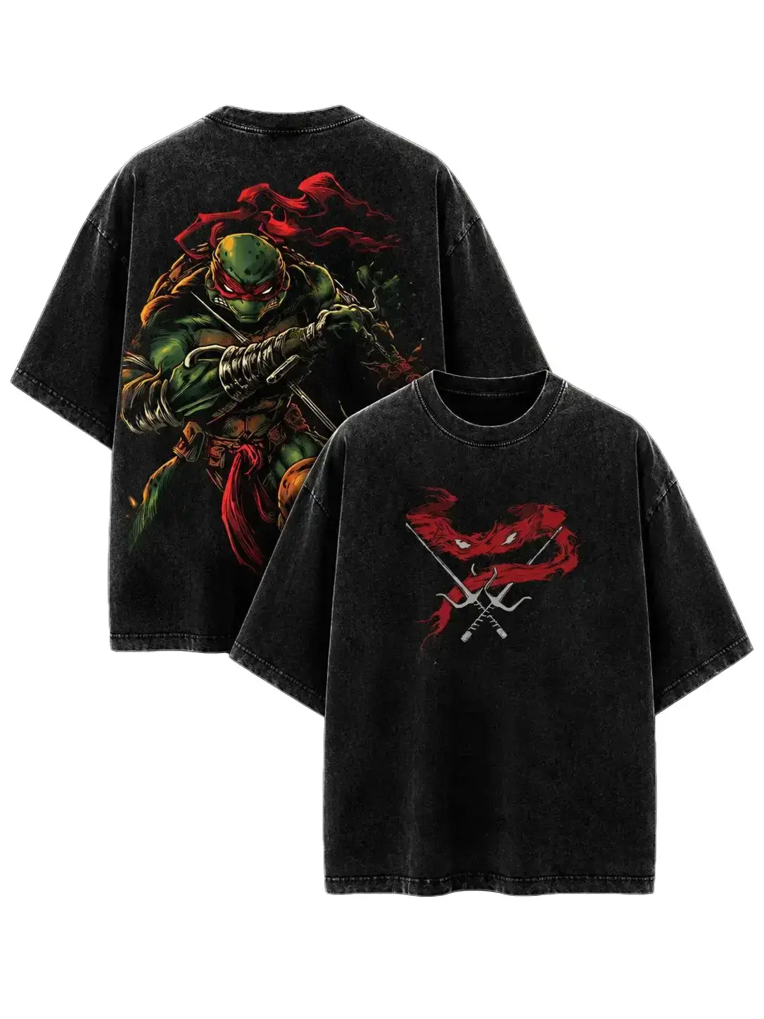 Teenage Mutant Ninja Turtles Raphael Vintage Washed Oversized Graphic T-Shirt Men Heavyweight Cotton Streetwear Retro 90s Y2K Acid Wash Gym Pump Cover Casual Top Comic Book Merch TMNT Apparel Cosplay Ninja Gifts S-5XL High Definition Print Sais Tees