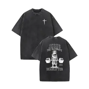 Jesus Ultimate Deadlifter Graphic T Shirt | Oversize Acid Wash Christian Shirt | Heavyweight Cotton Dual Sided Print Loose Fit Streetwear Tee Retro Y2K Outfits Men Falling Shoulder Casual Attire Gym Bodybuilding Vintage Top