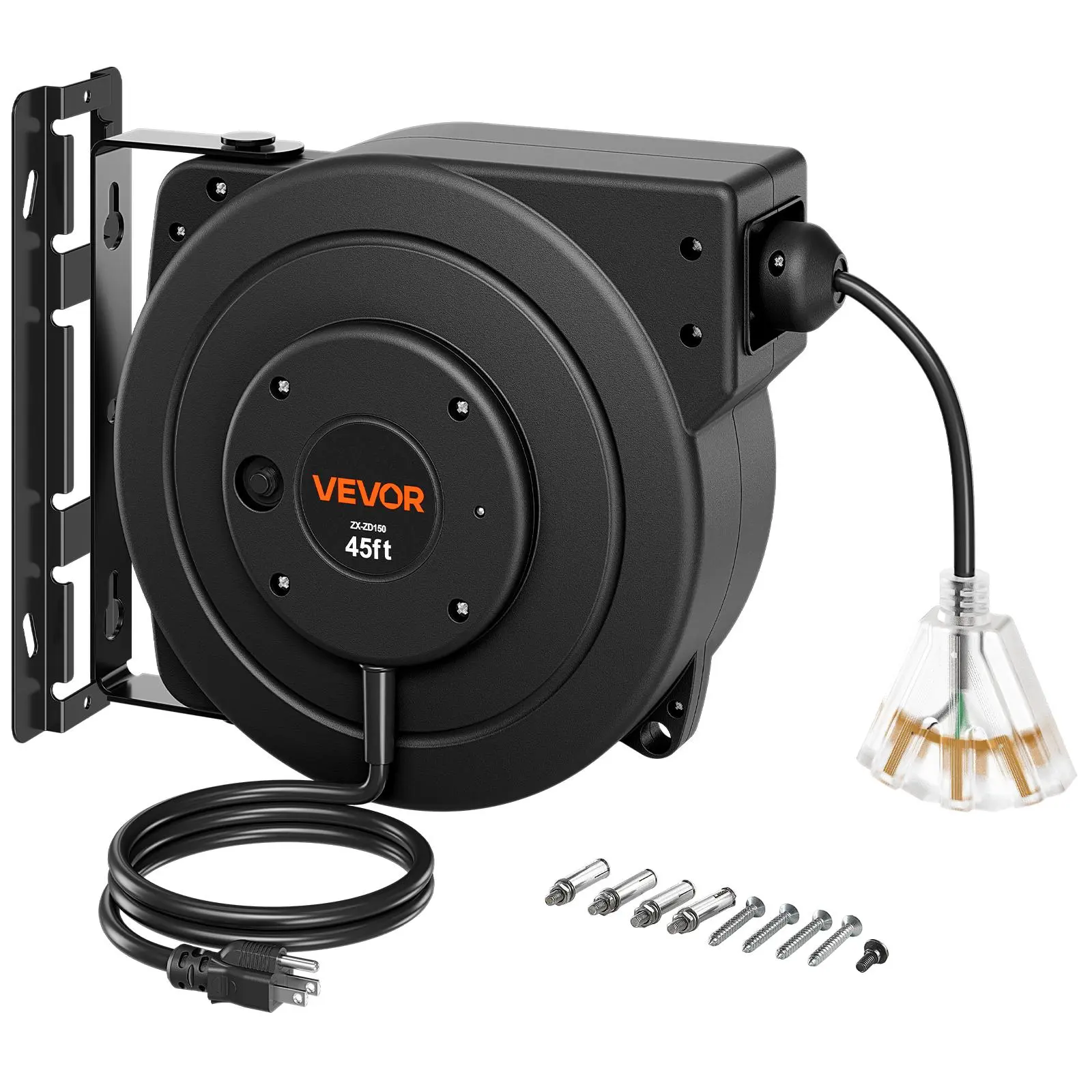 【BackToSchool】VEVOR Retractable Extension Cord Reel 45FT Heavy Duty 12AWG/3C SJTOW Black, for Ceiling/Wall Mount, 15A Circuit Breaker, Automatic Retractable Power Cord, Lighted Triple Tap, with 180° Swivel Bracket