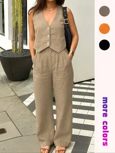 Women's Summer Linen Set, Sleeveless Button Front Vest + High Waist Wide Leg Pants, Casual Chic Fitted Woven Fabric, Daily Wear