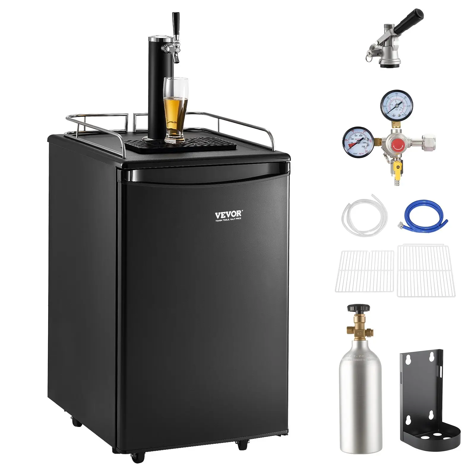 VEVOR Single Tap Beer Kegerator - Full Size Keg Fridge with Shelves, CO2 Cylinder, Drip Tray Rail, 32F-50F Temperature Control, Holds 1/6, 1/4, 1/2 Barrels, Black