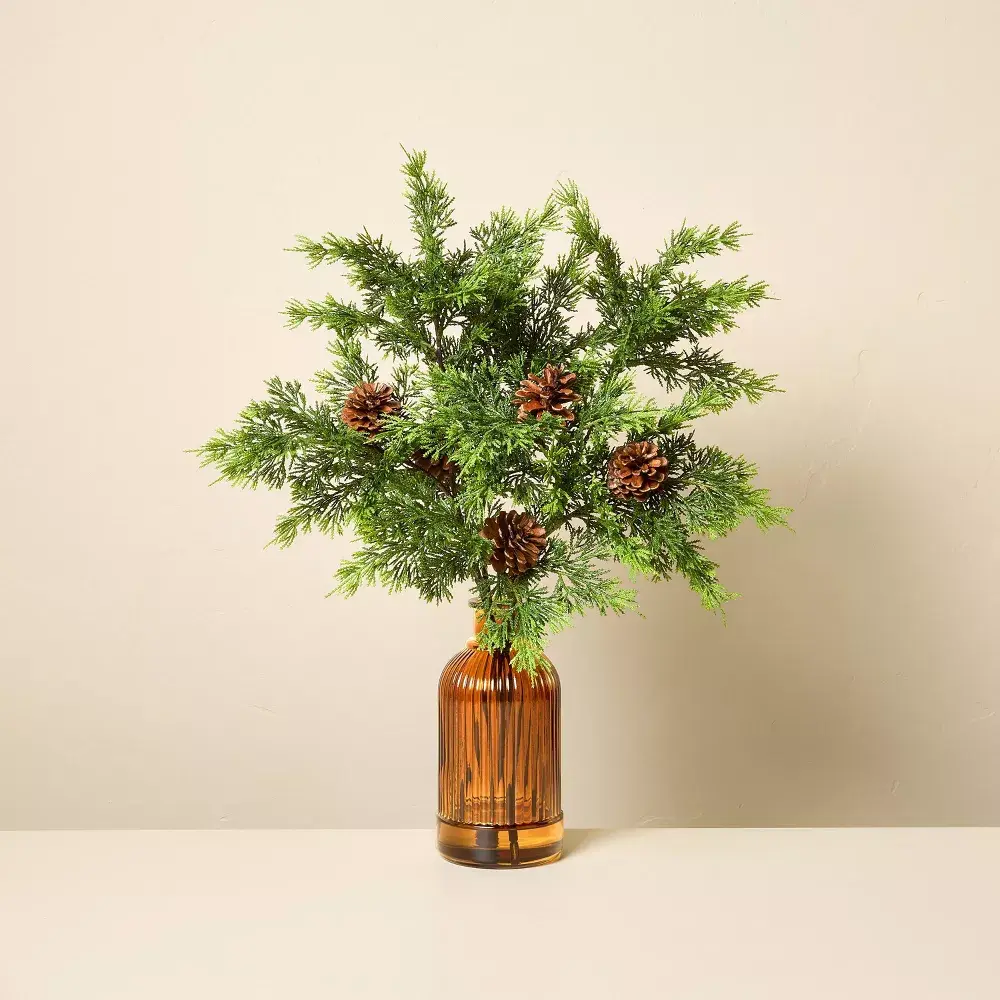 Hearth & Hand with Magnolia 22" Decorative Glass Ribbed Amber Vase, Artificial Cedar & Pinecones Floral Plant Arrangement for Aesthetic Home Decor