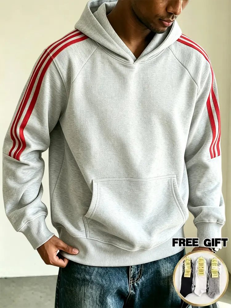 3PCS Men’s Spring/Autumn Thin Striped Hooded Sweatshirt, breathable lightweight pure cotton loose fit pullover hoodie sports top for cycling, running, and everyday workouts, includes socks as a gift