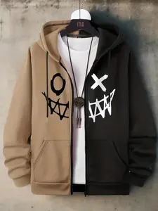 2026 Men's Colorblock & Cartoon Expression Graphic Long Sleeve Zip Up Essentials Hoodie, Casual Soft Regular Fit Two-tone Pocket Zipper Hooded Back To School Sweatshirts Pullover for Daily Wear,  Fall Outfits 2025,  Mens Clothing, Fitted Menswear