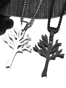 Simple Tree of Life Pendant Necklace for Women Men Stainless Steel Silver Black Color Lucky Amulet Chain Necklaces Gift