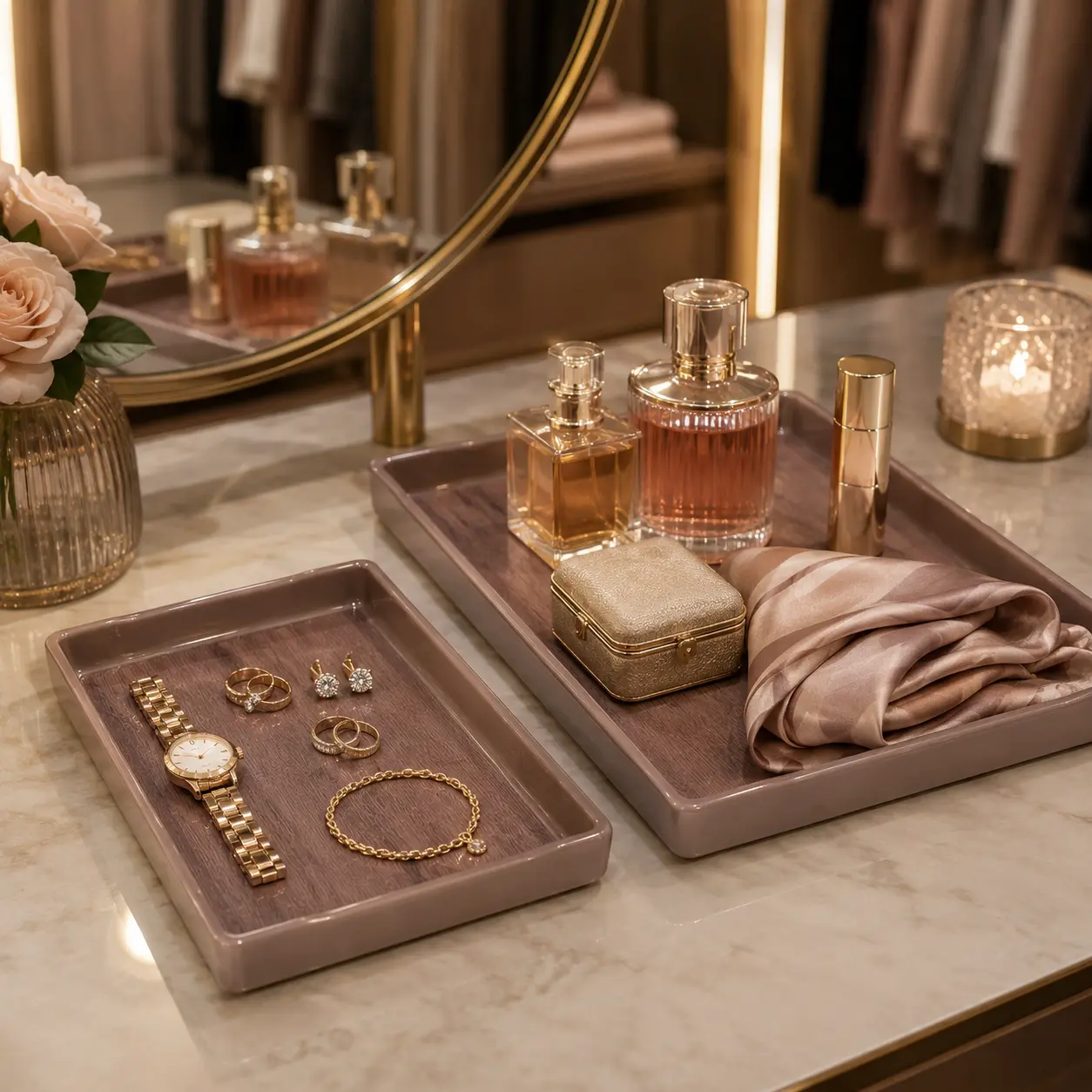 2-Piece Rectangular Decorative Tray Set, Wood-Grain Look Vanity Organizer Melamine Trays with Raised Edges, 9.65" Large & 8" Small Multipurpose Countertop Storage for Jewelry, Perfume, Cosmetics, Bathroom, Office, Spa, Dresser & Home Decor, Mauve Taupe