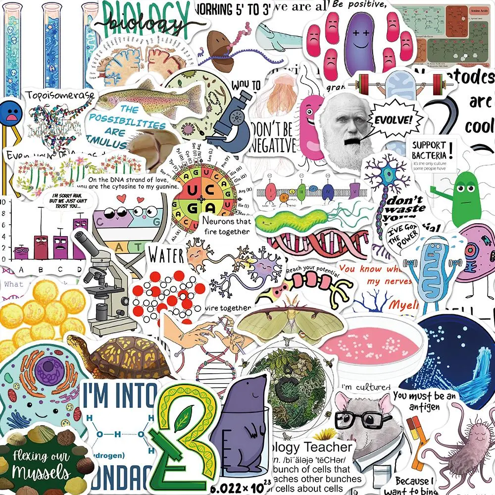 Biology Themed Sticker, 50pcs/set Cartoon Genes Pattern Decorative Sticker, DIY Decals for Water Bottle, Laptop, Phone Case, Scrapbooking, Journal Making